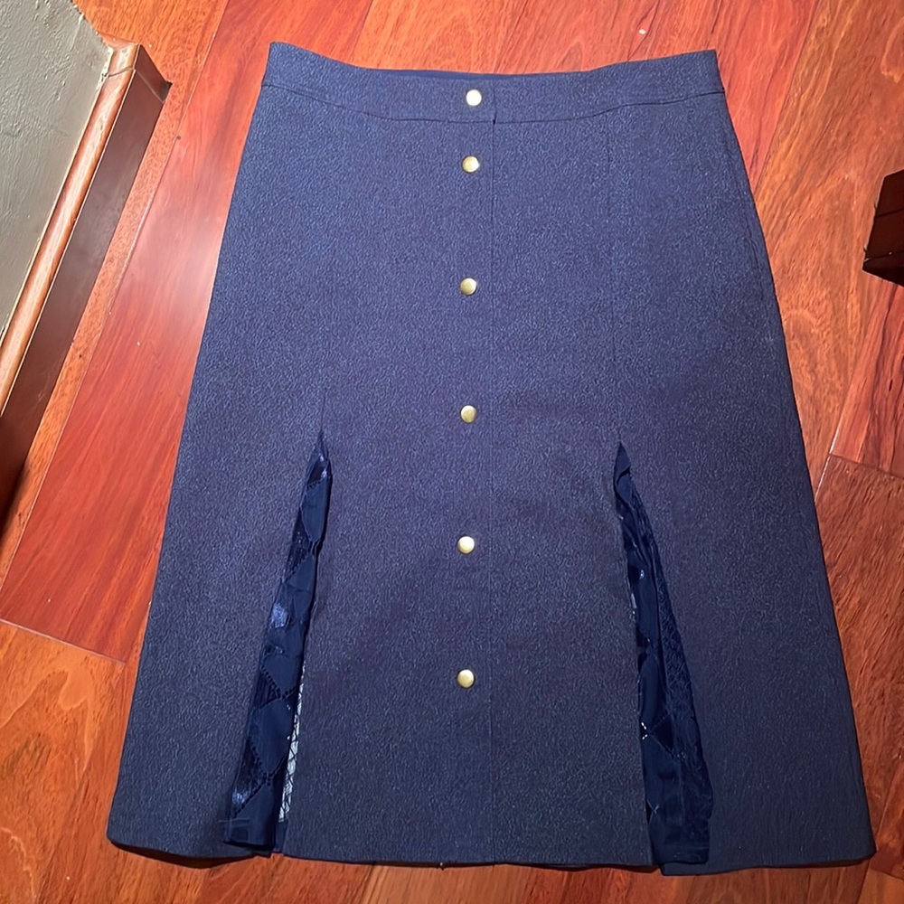 Modest navy blue skirt with gold and lace embellishments and pockets!